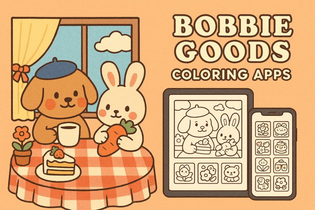 Imagem estilo Bobbie Goods com cão de boina e coelho em mesa de café, cores pastéis. À direita, tablet e celular mostram telas dos aplicativos de colorir Bobbie Goods.