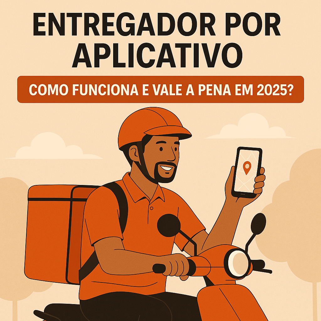 Ilustração em estilo digital mostrando um entregador por aplicativo de moto, usando capacete e mochila térmica laranja, segurando um celular com mapa na tela. No topo, aparece o título “Entregador por Aplicativo: Como funciona e vale a pena em 2025?”