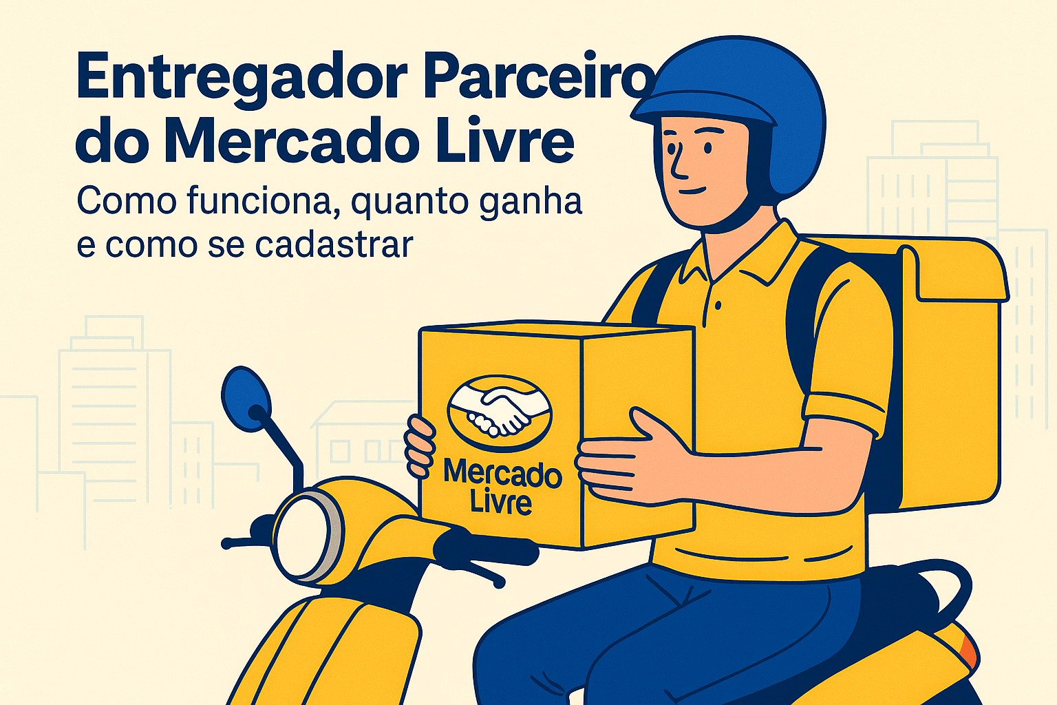 Ilustração digital em estilo flat mostrando um entregador parceiro do Mercado Livre de moto, usando capacete e uniforme amarelo, carregando uma caixa com o logo do Mercado Livre. No topo, aparece o título “Entregador Parceiro do Mercado Livre: Como funciona, quanto ganha e como se cadastrar”