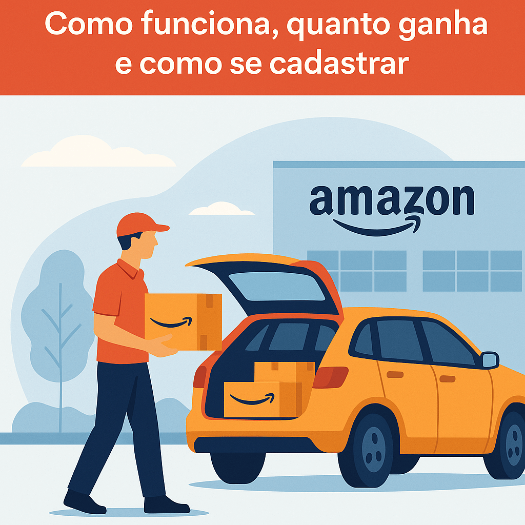 Ilustração digital em estilo flat mostrando um entregador parceiro da Amazon Flex carregando caixas com o logo da Amazon para dentro de um carro laranja, estacionado em frente a um centro de distribuição da empresa. No topo, aparece o título “Como funciona, quanto ganha e como se cadastrar”