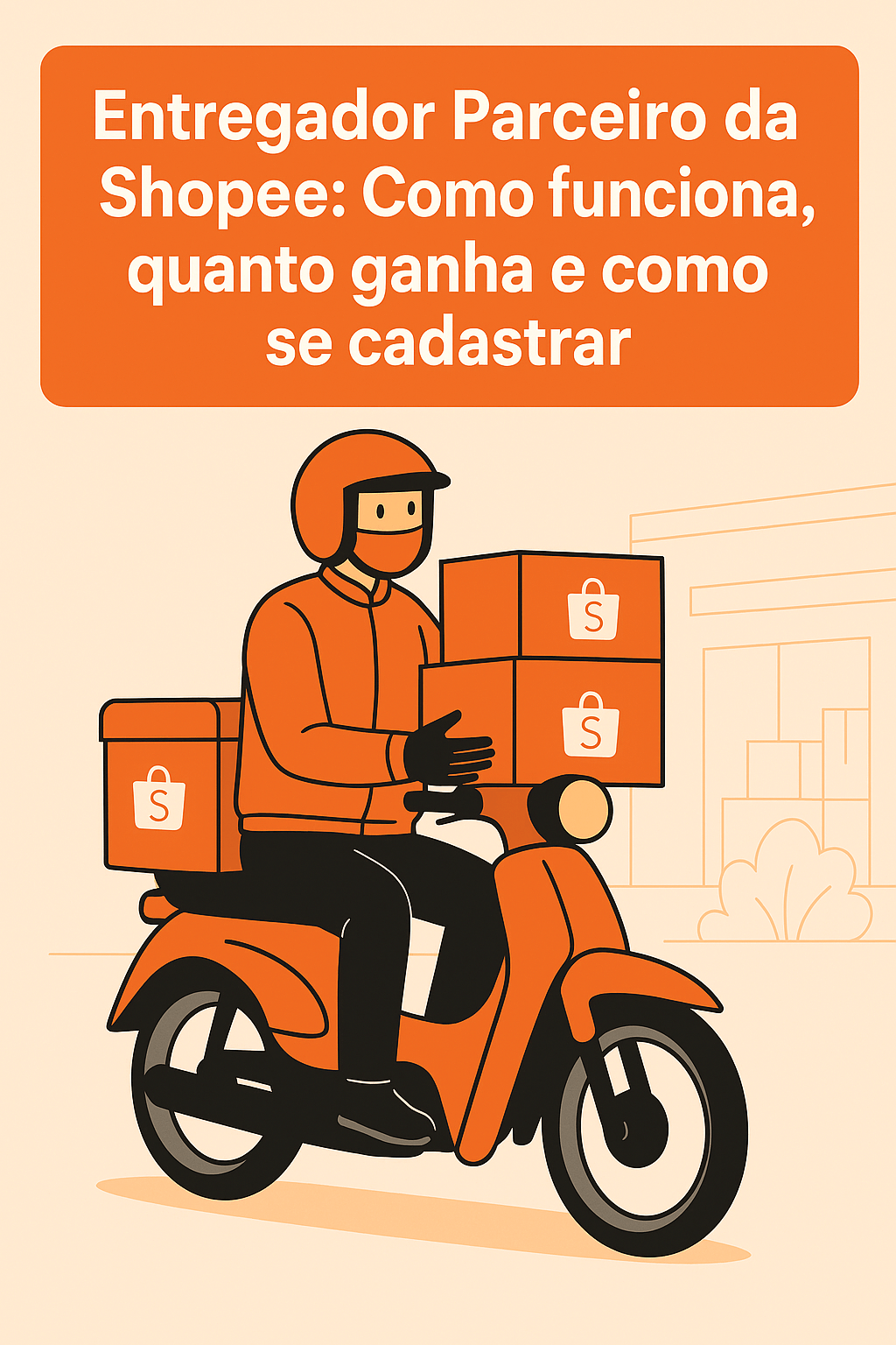 Ilustração digital em estilo flat mostrando um entregador parceiro da Shopee pilotando uma moto laranja, usando uniforme e capacete da mesma cor, carregando pacotes com o logo da Shopee. No topo, aparece o título “Entregador Parceiro da Shopee: Como funciona, quanto ganha e como se cadastrar”