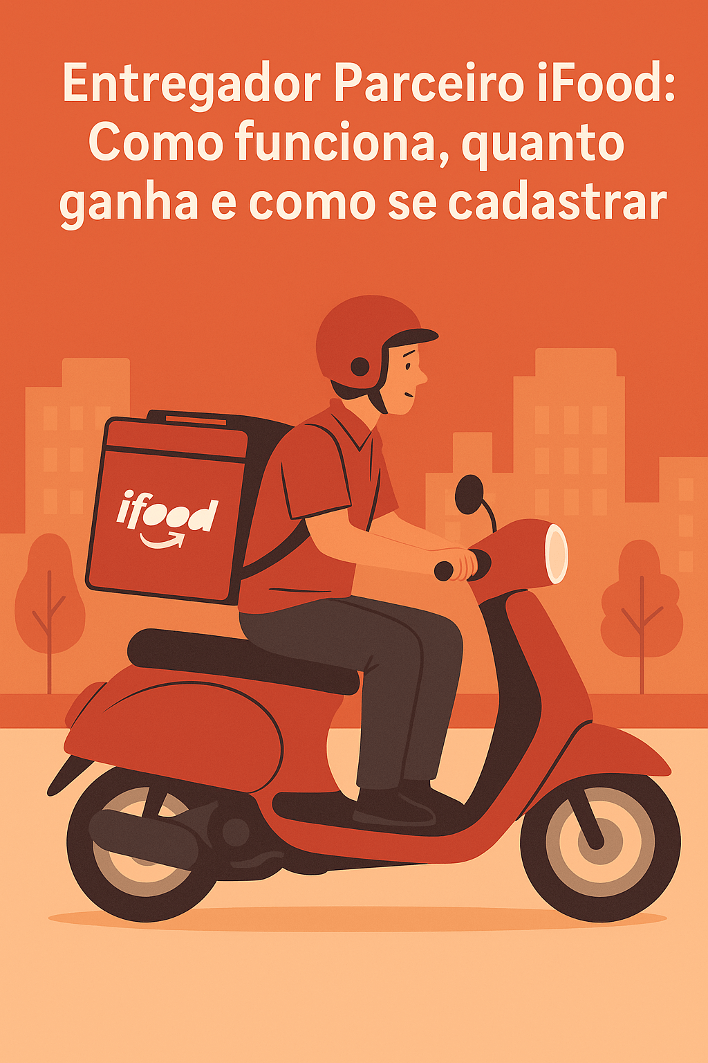 Ilustração digital em estilo flat mostrando um entregador parceiro do iFood pilotando uma moto vermelha, usando uniforme e capacete da mesma cor, com mochila térmica vermelha com o logo do iFood. No topo, aparece o título “Entregador Parceiro iFood: Como funciona, quanto ganha e como se cadastrar”