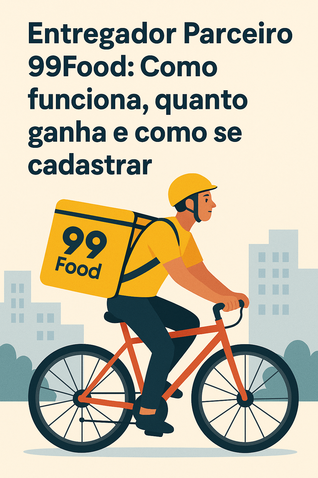 Ilustração digital em estilo flat mostrando um entregador parceiro da 99Food pedalando uma bicicleta, usando uniforme e capacete amarelos, carregando uma mochila térmica grande com o logo “99Food”. No topo, aparece o título “Entregador Parceiro 99Food: Como funciona, quanto ganha e como se cadastrar