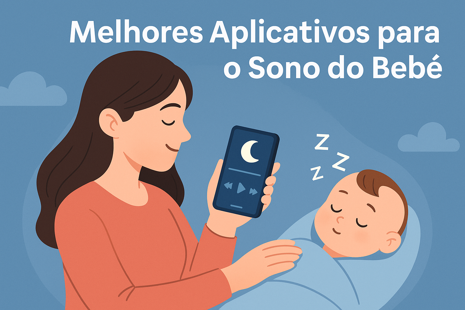 Mãe usando aplicativo no celular enquanto coloca o bebê para dormir