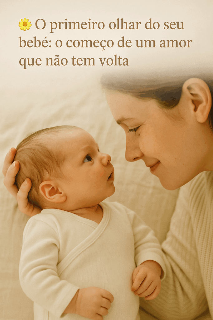 Imagem realista e suave mostrando o primeiro olhar entre mãe e bebê recém-nascido. A mãe segura o bebê com ternura, ambos trocam um olhar profundo e cheio de amor, simbolizando o início de um vínculo eterno. Tons pastel, luz natural e atmosfera acolhedora transmitem emoção e conexão.