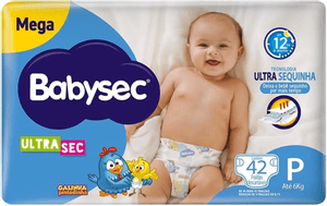 Pacote de fraldas Babysec Ultrasec tamanho P com 42 unidades, embalagem azul e branca destacando boa absorção, barreiras antivazamento e proteção para uso diário.