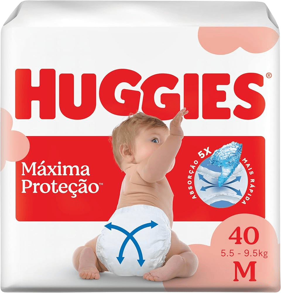 Pacote de fraldas Huggies tamanho M com 40 unidades, embalagem vermelha da linha Supreme Care, destacando conforto, maciez e proteção antivazamento para bebês.