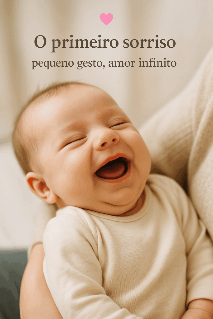 Imagem realista e calorosa mostrando o primeiro sorriso de um bebê, capturado em um momento de pura alegria e ternura. O bebê sorri amplamente nos braços da mãe, em tons suaves e iluminação natural, transmitindo amor infinito e a doçura dos primeiros gestos da infância.
