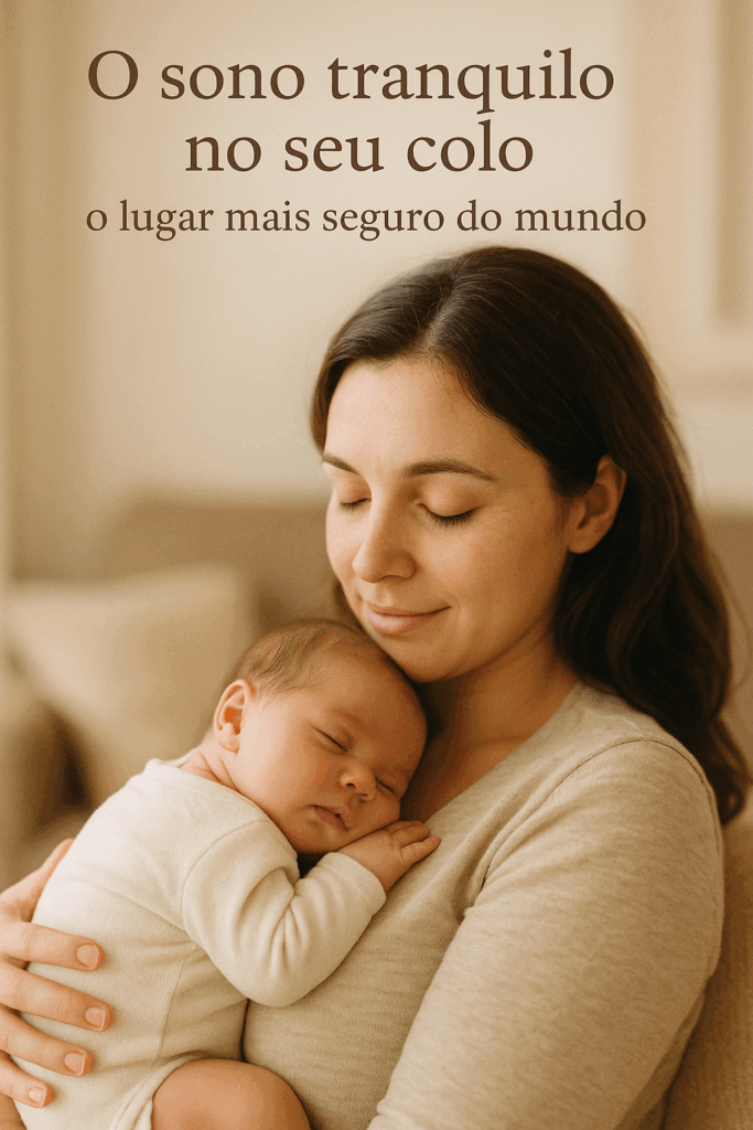 Imagem realista e acolhedora mostrando um bebê dormindo serenamente no colo da mãe. A mãe o segura com ternura, olhos fechados e expressão de paz, em tons quentes e iluminação natural. A cena transmite segurança, amor e tranquilidade — o colo materno como o lugar mais seguro do mundo.