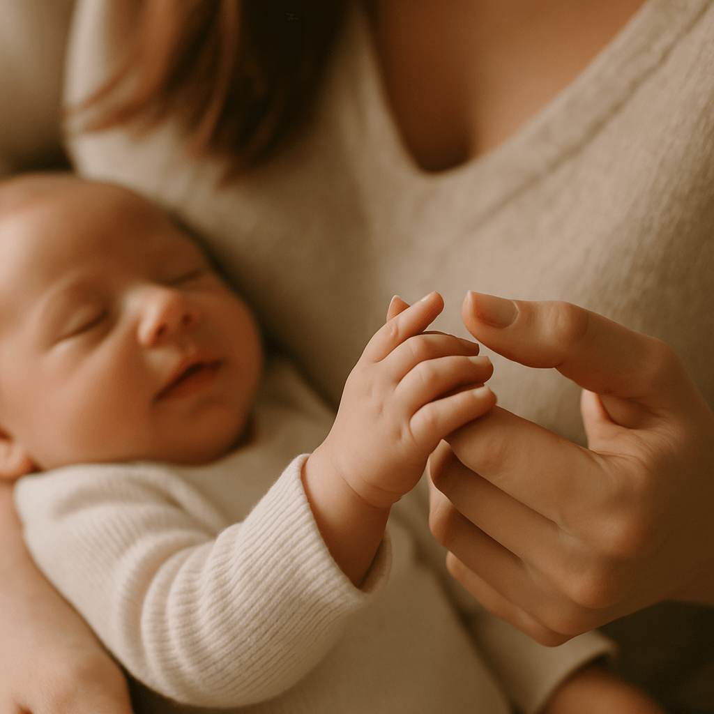 Imagem realista e delicada mostrando um bebê segurando o dedo da mãe com suas pequenas mãos. O foco está no toque suave e na conexão entre os dois, com luz natural, tons quentes e atmosfera acolhedora que transmite amor, segurança e ternura.