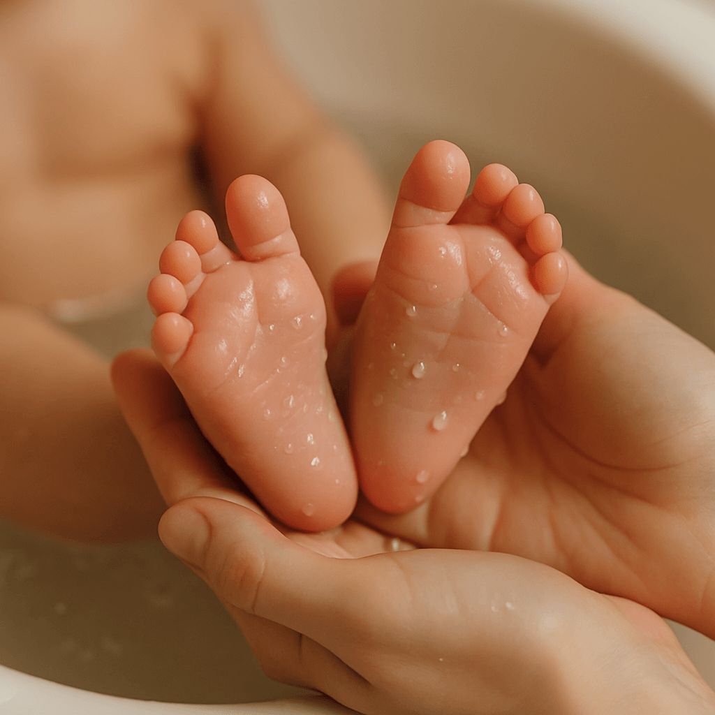 Imagem simbólica e delicada mostrando mãos adultas segurando com carinho os pezinhos de um bebê cobertos por pequenas gotas d’água. A cena transmite ternura, cuidado e confiança, com luz natural suave e tons quentes que reforçam o amor e a conexão entre mãe e filho durante o primeiro banho.
