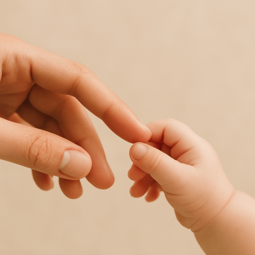 Imagem simbólica e delicada mostrando uma mão adulta tocando levemente a mão de um bebê, representando o vínculo invisível entre mãe e filho. Tons quentes e iluminação suave criam uma atmosfera de amor, segurança e conexão emocional.
