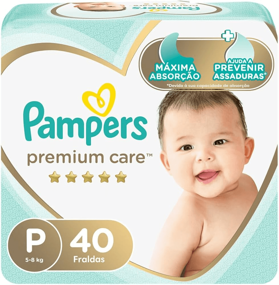 Pacote de fraldas Pampers Premium Care tamanho P com 40 unidades, embalagem branca e dourada, destacando maciez, proteção avançada e ideal para recém-nascidos