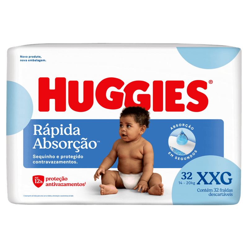 Pacote de fraldas Huggies com 32 unidades, tamanho XXG, embalagem vermelha da linha Supreme Care, destacando proteção, conforto e barreiras antivazamento.