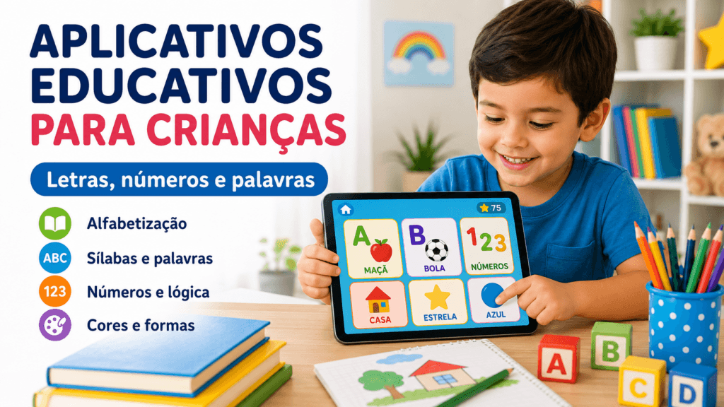 Imagem de uma criança usando tablet com aplicativos educativos para aprender alfabetização, sílabas, números, cores e formas em casa.