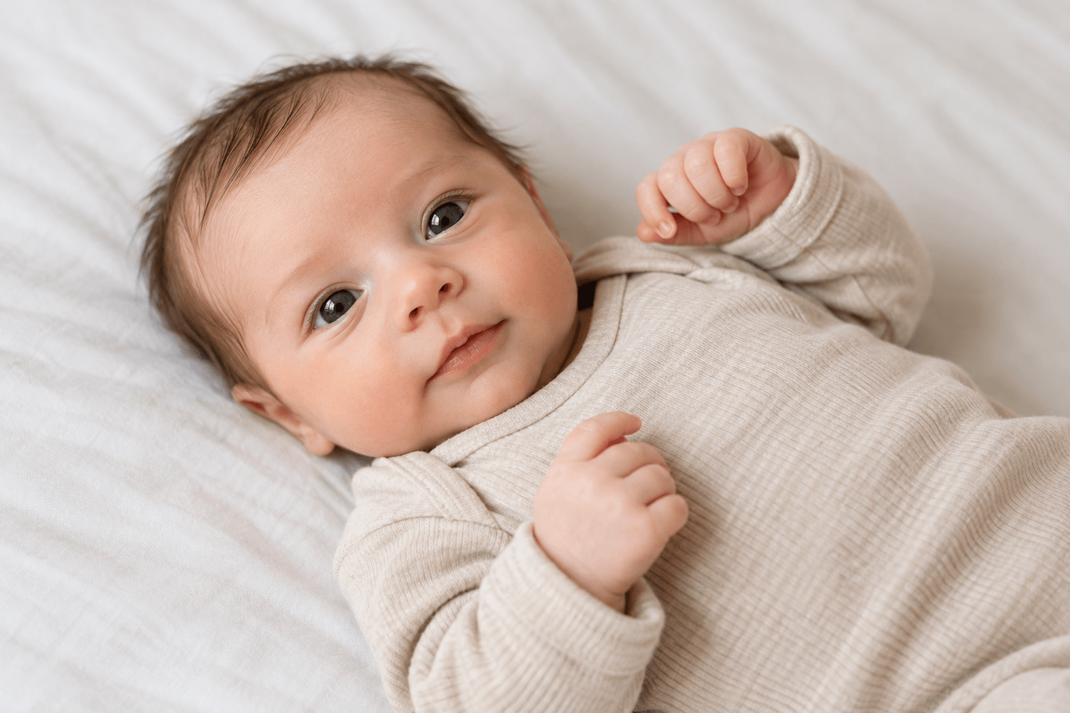 Bebê de olhos abertos, com roupa bege, deitado de costas sobre um lençol branco.